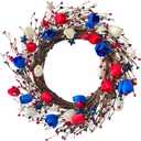 4th of July Wreath, 20 Inch Patriotic Wreaths for Front Door, Red White Blue Tulip Flower Wreaths with Berries Stars for Memorial Day Independence Day Wreath for Front Door Wall Window Decor