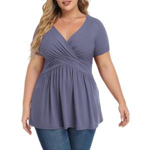 Women's Plus Size Short Sleeve Tops V Neck Casual Cute Tunic Top | Plus Size Tops, Womens Blouses Dressy, Everyday Wear Tops, Soft Transitional Top, Casual Office Layering, Basic Wear (Blue, XXL)