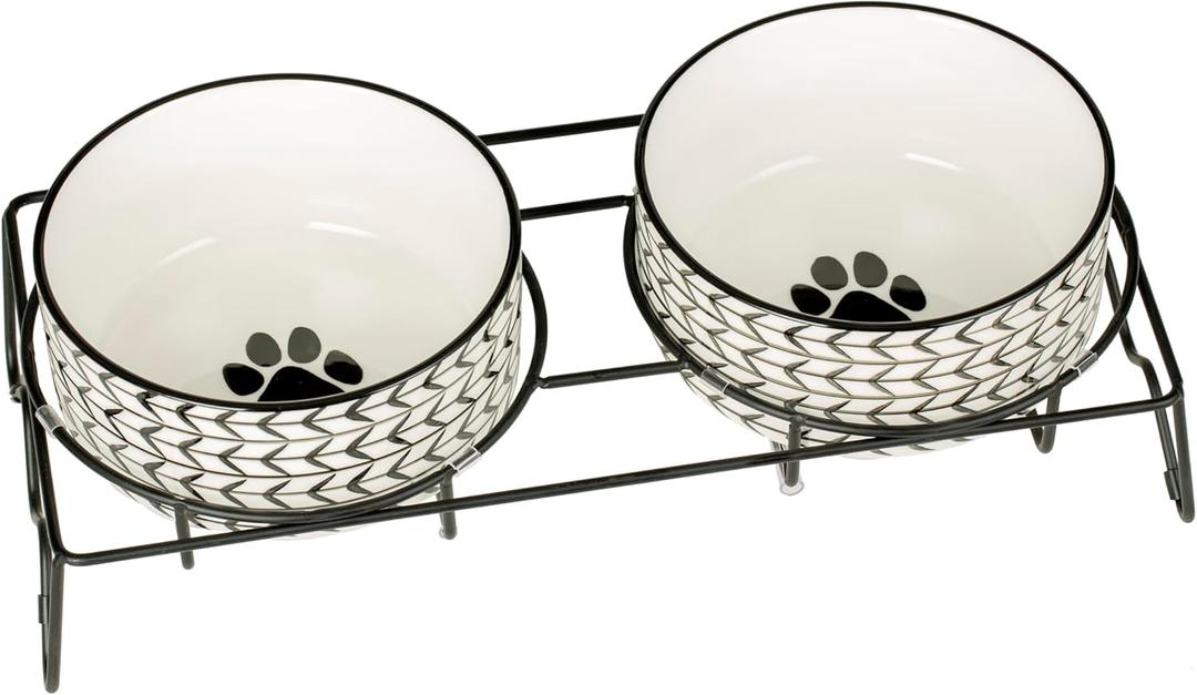 Signature Housewares Ceramic Pet Bowl Set - Food Water Bowls for Dogs and Puppies, Large Cats with Sturdy Metal Stand - Set of 2 6in. Bowls, 32 oz Each (White)