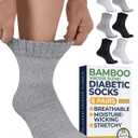 Pembrook Bamboo Viscose Diabetic Socks for Women & Men - 6 Pairs Ankle Socks for Swollen Feet | Neuropathy Socks | Stretch Top Diabetic Socks for Men 9-12 | Black, Gray, White (Medium)