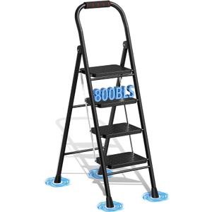 4 Step Ladder, Folding Step Stool with Wide Anti-Slip Pedal & Thick Rubber Feet, Handrail, Safe-Lock Design, Folding Portable Ladder for Multi-Purpose, 800lb, Black