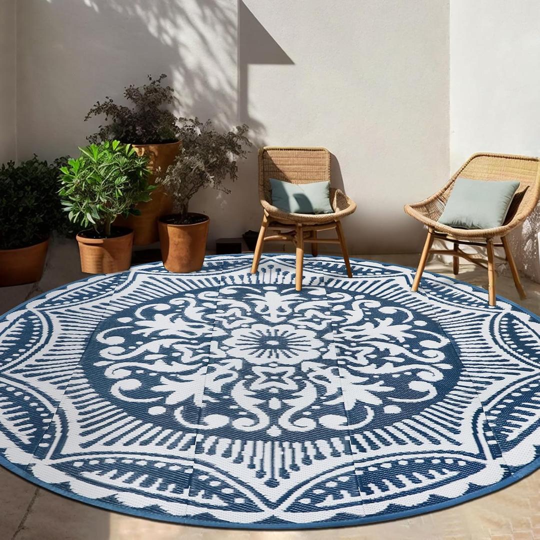 Capslpad 6x6 Floral Outdoor Rug for Patio Clearance Reversible Mats Round Portable Plastic Straw Carpet Waterproof Boho Indoor Outside Area Rugs for RV Camping Picnic Tent Balcony Beach Deck, Blue
