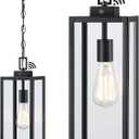17 Inch Outdoor Pendant Light Dusk to Dawn, Sensor Hanging Light for Porch Entrance Lantern, Metal and Glass Photocell Exterior Hanging Lantern for Front Door Patio Pendant,E26