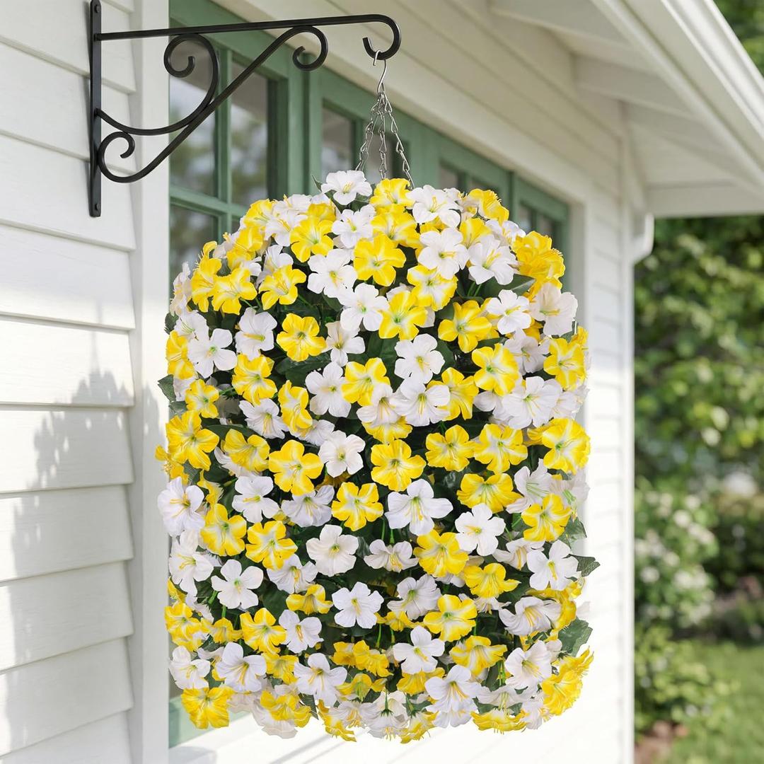 HyeFlora Artificial Flowers with Basket for Outdoors, 3pcs Faux Hanging Morning Glory Silk Fake Flowers Lifelike Plants UV Resistant Flowers for Outside Planter Patio Garden Porch Decor (Yellow)