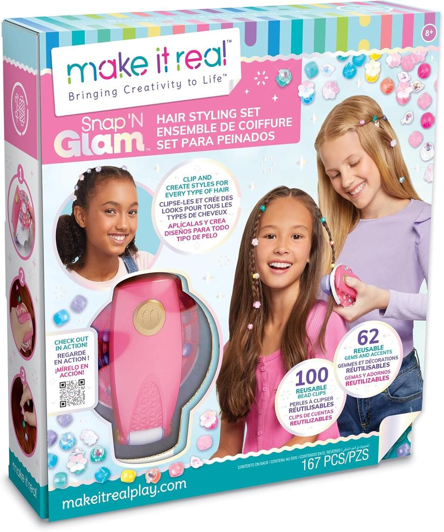 Make It Real: Snap N' Glam Hair Styling Set - Reusable Gems, Accents & Bead Clips, Create Unique Styles for Every Type of Hair, Girls & Kids Ages 8+
