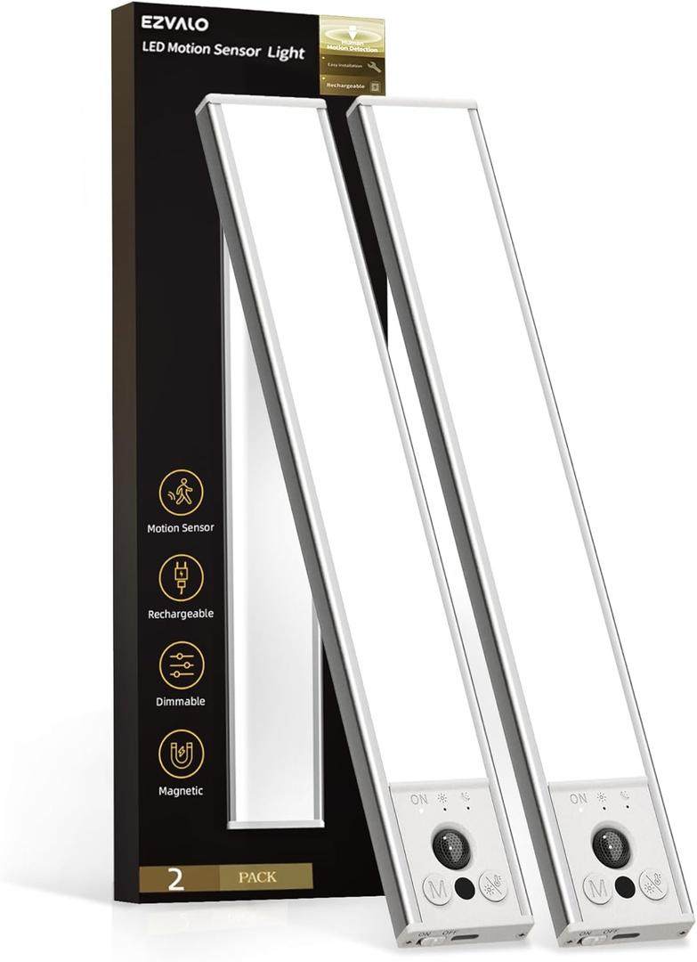 EZVALO 14.5inch Under Cabinet Lighting, LED Motion Sensor Light Indoor, 3500mAh USB Rechargeable Closet Lights, Dimmable & Magnetic Wireless Under Counter Lights for Kitchen, Pantry, Stairs (2 Pack)