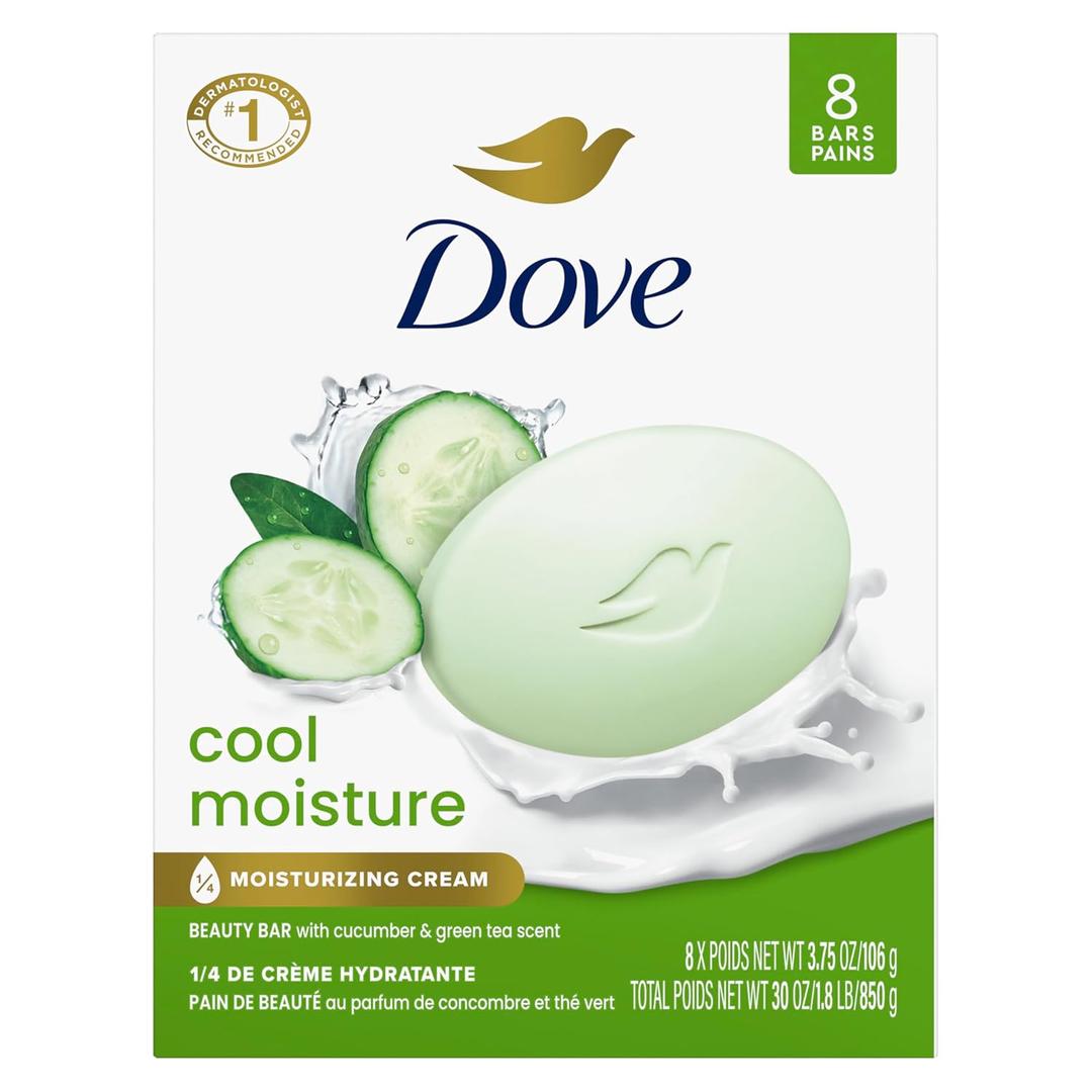 Dove Beauty Bar Soap Cool Moisture Cucumber & Green Tea Scent, 8 Bars for Refreshed Skin, Leaves Skin Refreshed 3.75 oz, Pack of 8 