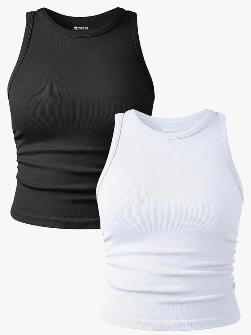 OQQ Women's 2 Piece Tank Tops Crew Neck Sleeveless Basic Stretch Casusal Yoga Crop Camis, Size Large 