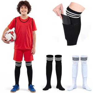 4 x 2 Pairs Long Leg Shin Guards Soccer Socks with Leg Guard Pockets, Calf Compression Sleeves, Football Socks for Most People, Calf Protection for Football Matches, Baseball, Training, 19"