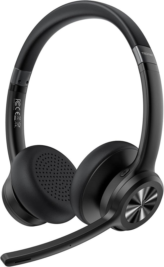 TECKNET Wireless Headset, Bluetooth Headset with AI Noise Cancelling Microphone - Rechargeable Bluetooth V5.2 Headphones, 50H Playtime & Mic Mute, On Ear Headphones for Trucker/Remote Work/Call Center