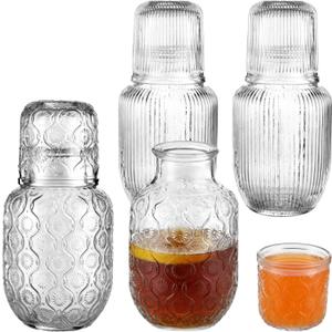 4 Sets Vintage Bedside Water Carafe and Glass Set, Embossed Clear Glass Night Water Carafe With Tumbler Glasses, Decorative Pitcher & Cup for Bedroom Bathroom Office