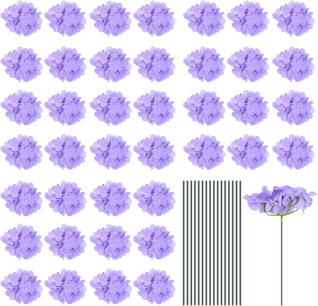 MECCANIXITY Silk Artificial Hydrangea Flowers, Light Purple Artificial Flowers Heads with Stems, Full Hydrangea Flowers for Wedding Centerpieces, Party Decoration 64 Set