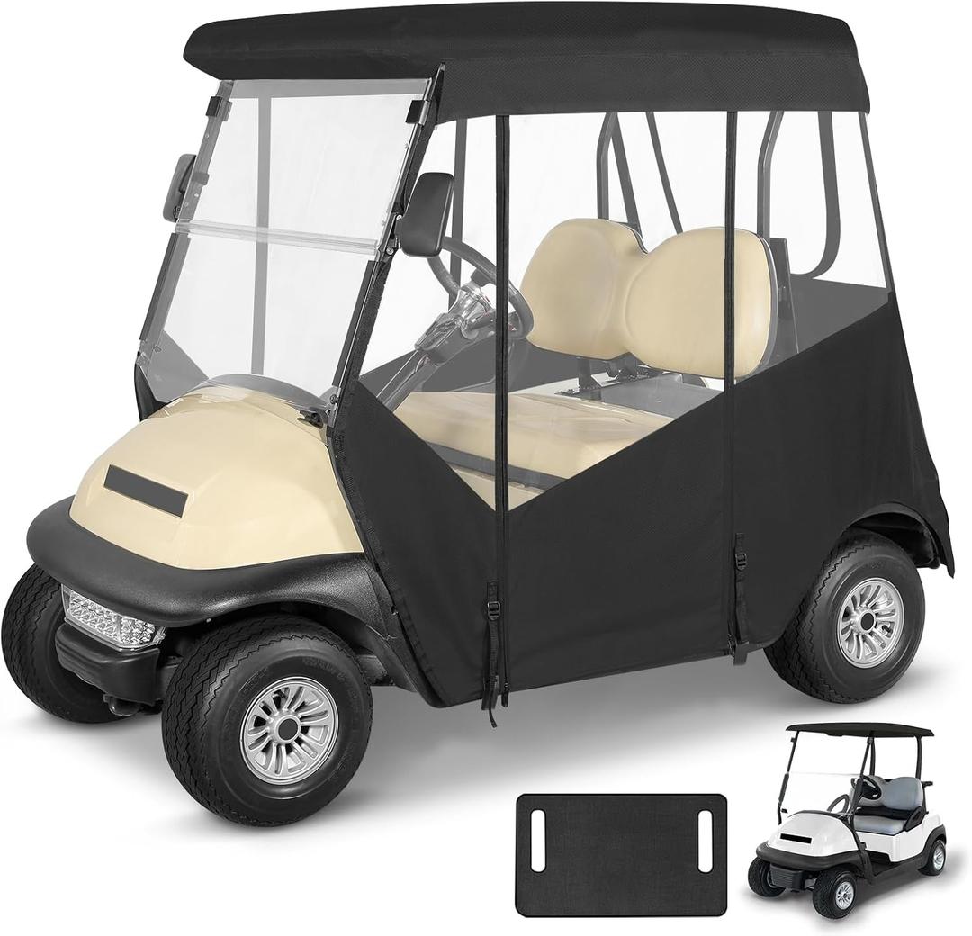 2 Passenger Golf Cart Enclosure for Club Car Precedent 2-Seater No Windshield Curtain 3-Sided Clear Windows Roll-up Door Mirror Zipper Waterproof Transparent Driving Rain Cover Black (with Seat Towel)