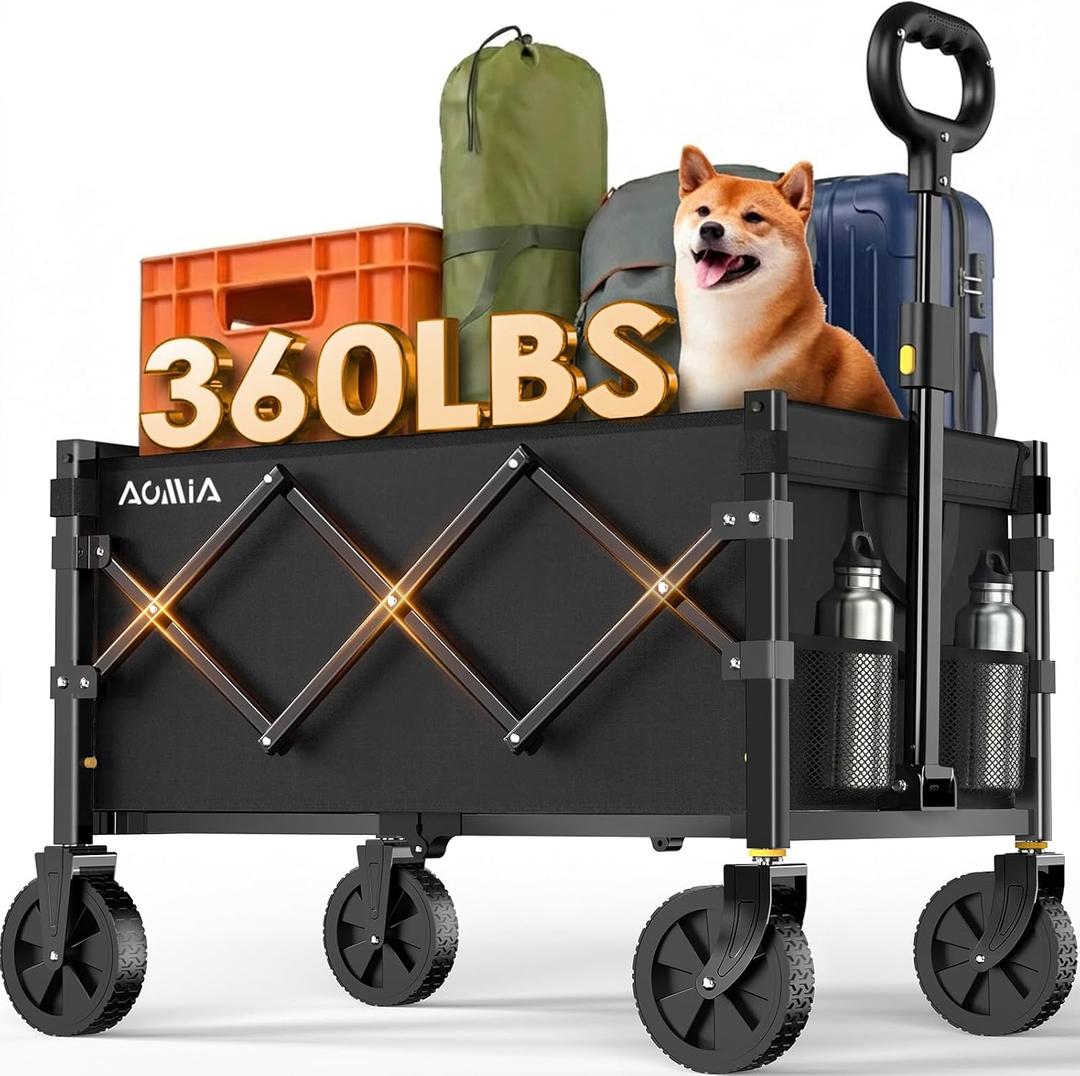 Collapsible Foldable Wagon with Wheels Heavy Duty Folding Wagons Carts 360LBS Weight Capacity Portable All Terrain Utility Wagon Cart for Groceries Sports Garden Shopping Beach