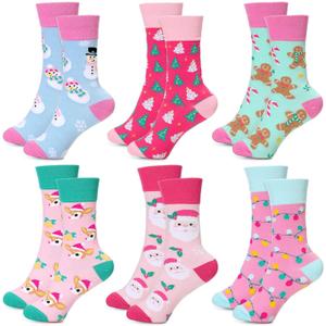 Vansolinne 6 Pairs Pink Christmas Socks for Women Girls Cotton Santa Snowman Gingerbread Xmas Crew Socks for Pink Christmas Party Gifts