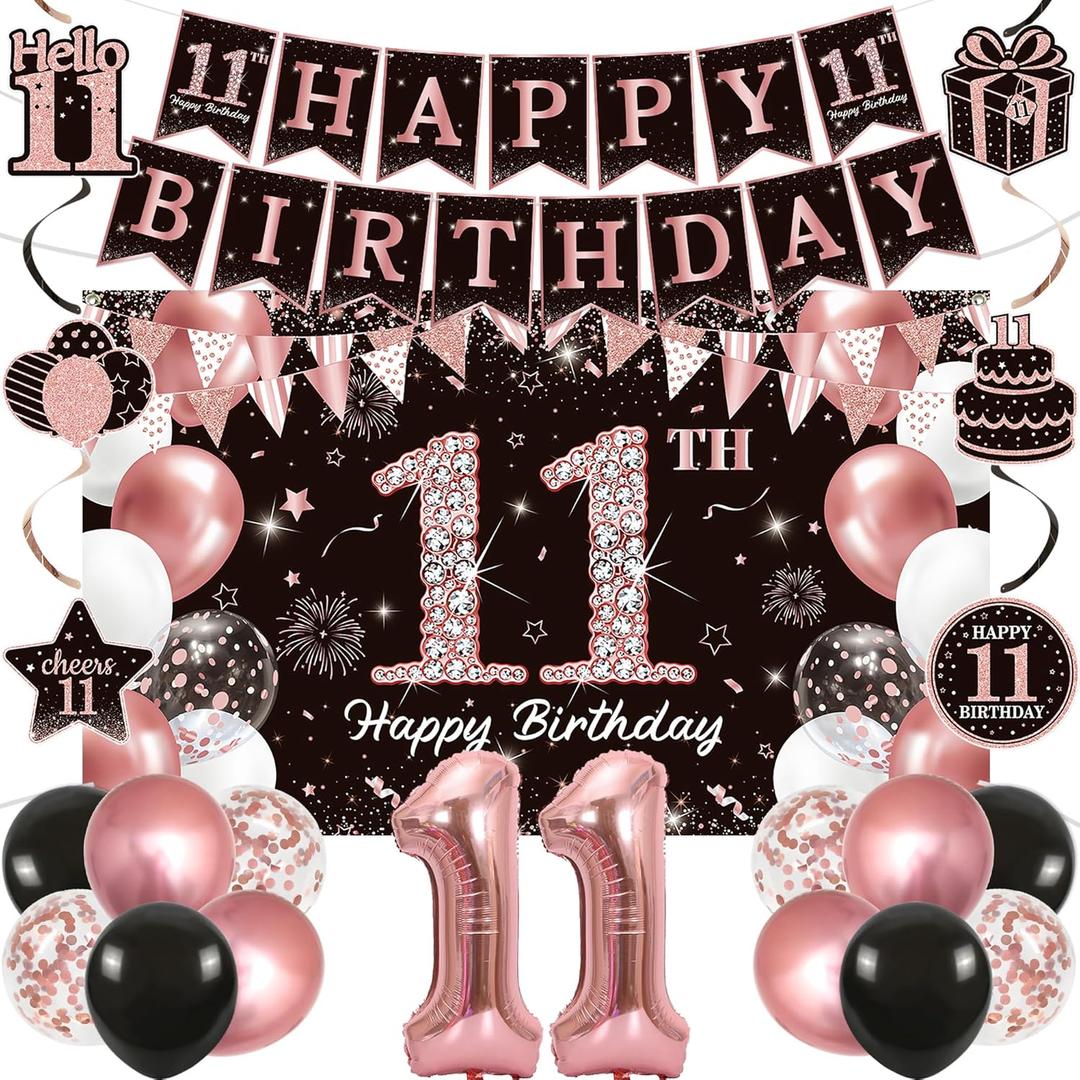 Vlipoeasn Rose Gold 11th Birthday Decorations for Girls, 27PCS Happy 11th Birthday Party Kit with Backdrop Banner, Number 11 Balloon, 11 Year Old Party Supplies