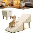 Split Ottoman Dog Ramp for Couch and Low Bed, 2-in-1 Foldable Dog Stairs for Small Dogs and Cats, Wooden Pet Ramp with Non-Slip Surface, Portable Step Stool Design, Off White