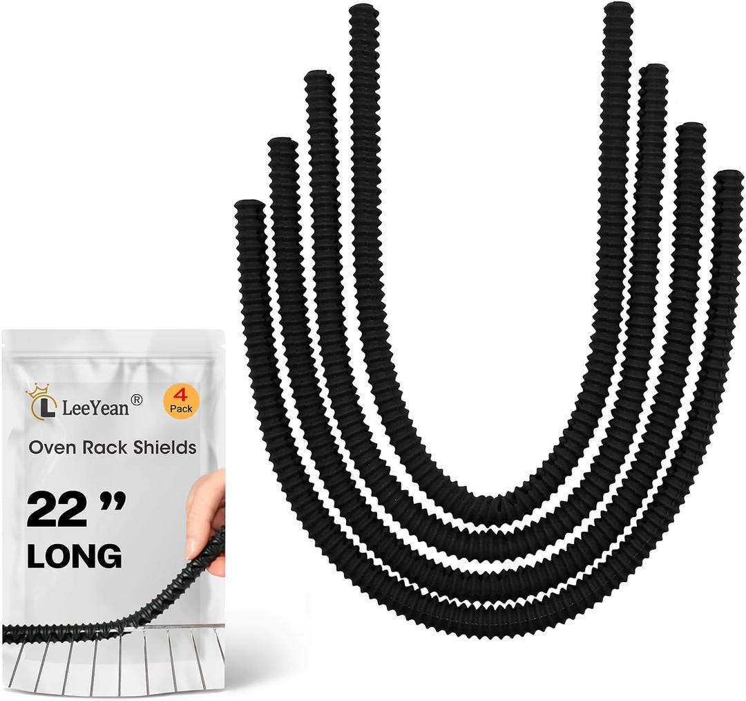 Extra Long Oven Rack Shields 22 Inch, 4 Pack Heat Resistant Oven Guards for Racks, Food Grade Silicone Oven Rack Edge Protector, Full Length Fit on Standard-Sized Ovens, Prevents Hand and Arm Burns (Black)
