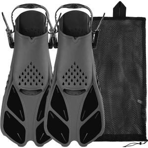Sugaroom Swim Fins Open Heel, Adjustable Snorkel Fins Diving Fins with Mesh Bag, Snorkeling Gear Flippers Travel Size Short Flippers for Lap Swimming Scuba Dive Adult Men Women Kids (Kids JR 9-13 S/MD, Black)