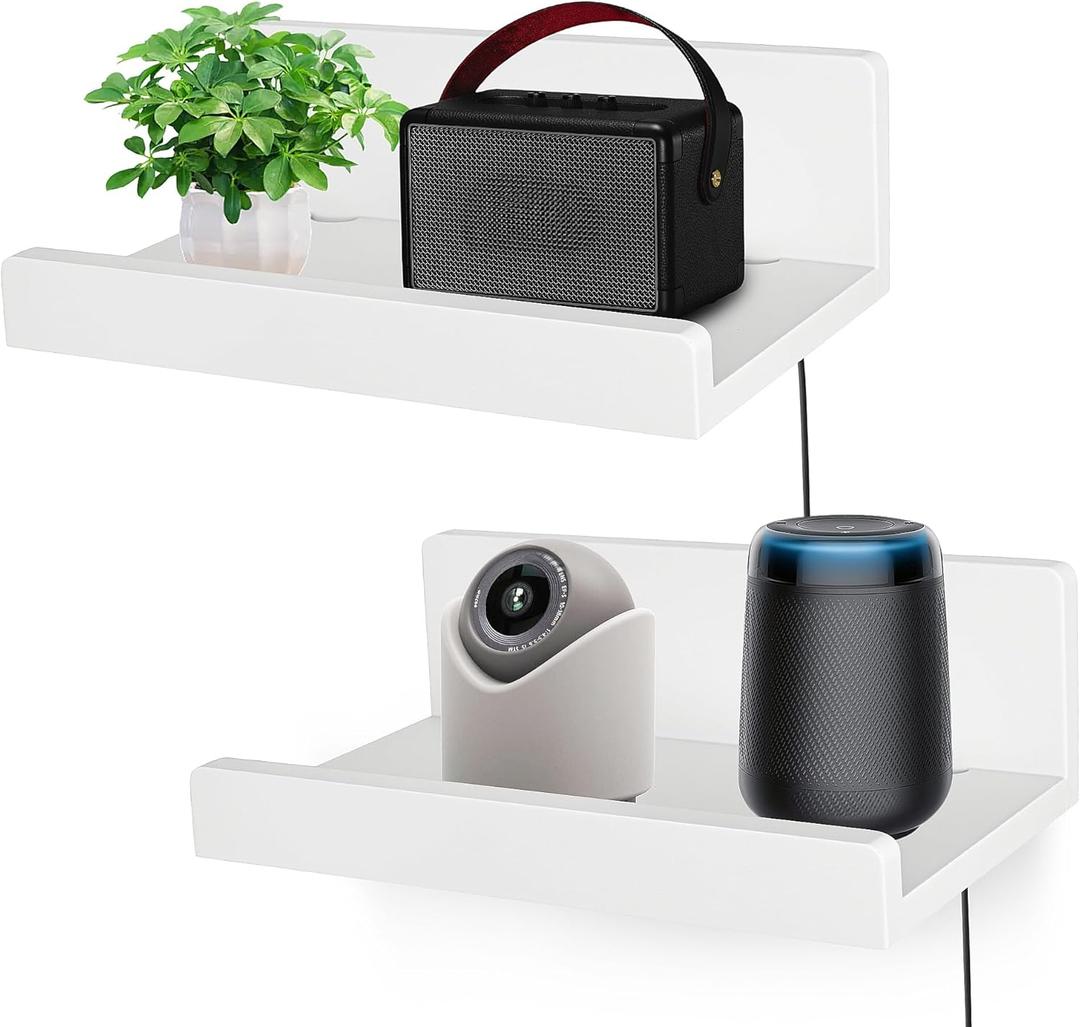 Floating Wall Shelves Set of 2, 12-Inch Solid Wood Shelves with Cable Holes, Small Display Shelf for Router, Webcam, Smart Speaker, Camera – White