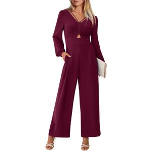 ANRABESS Womens Jumpsuits Dressy Long Sleeve Wide Leg V Neck Pants Rompers 2025 Fall Formal One Piece Wedding Guest Outfits (Medium, Red)