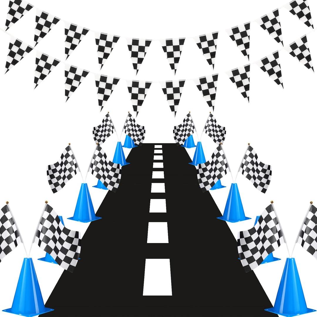 Skylety Traffic Cones and Racing Checkered Flags Set-include 12 Plastic Traffic Cones,12 Flags with Sticks,31 ft Checkered Pennant Banner and 9.8 x 2 ft Racetrack Floor Running Mat (Blue)