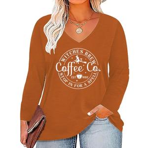 Plus Size Women Halloween Tee Shirt Pumpkin Face Long Sleeve Tee Tops Coffee Letter Print Gift T-Shirt (3X-Large, Orange-1w)
