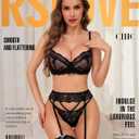 RSLOVE Lingerie Set for Women Sexy - Corset And Panty Outfits 3 Piece Lace Push Up Underwire with Garter Lingerie (Black, S)
