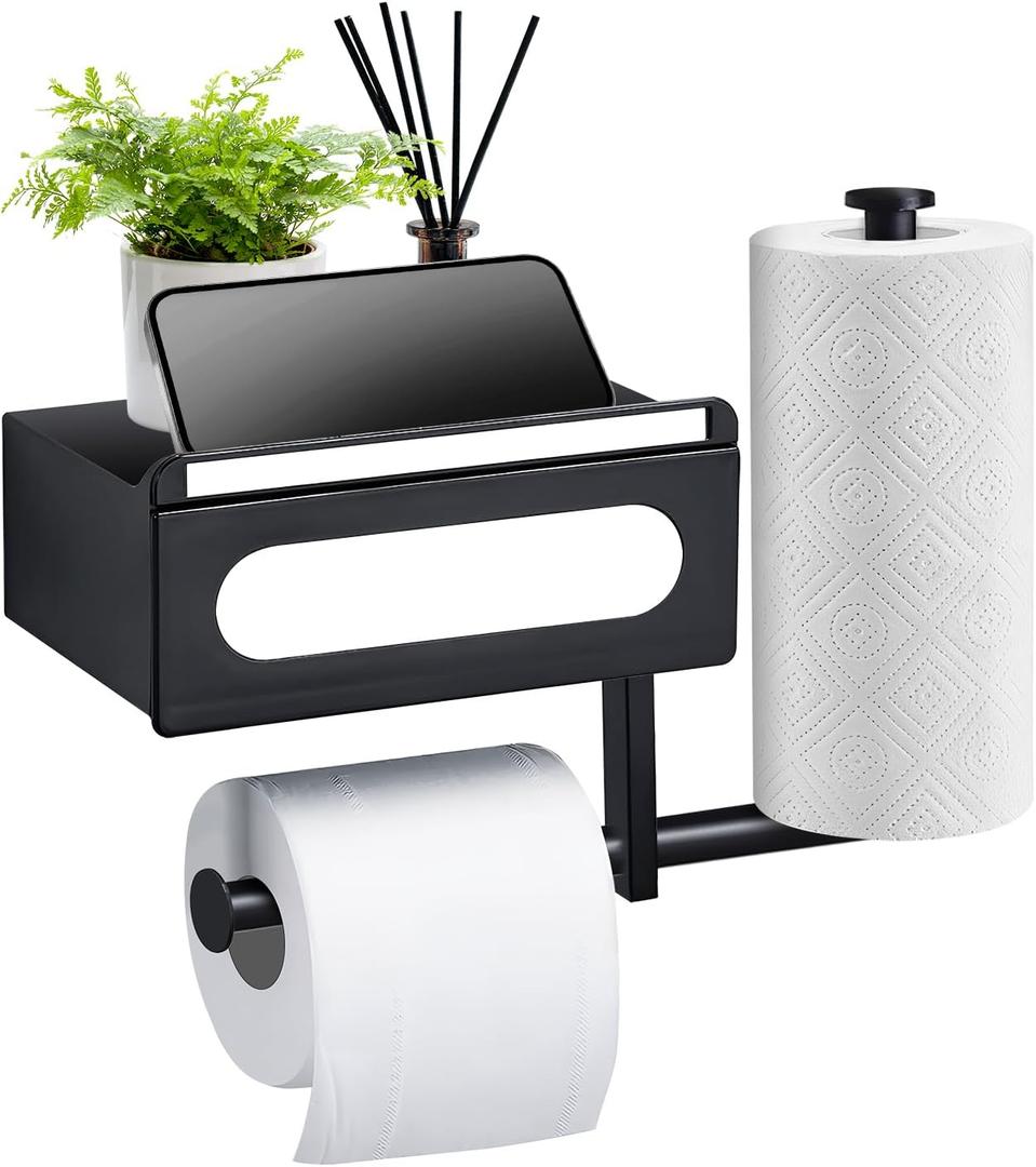 Toilet Paper Holder with Wipes Storage - Wall Mount Bathroom Wipes Holder Black Roll Tissue Holder with Shelf and Drawer for Organizer Wipes Tampon