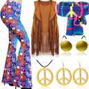 Haull 7 Pcs 60s 70s Outfits for Women Hippie Costume Set Boho Flared Pants Fringe Vest Peace Sign Accessories Set (Small)