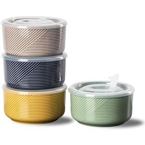 Adewnest Ceramic Bowls with Lids: 20 oz Microwave Safe Food Storage Containers for Soup, Salad, Cereal, Leftovers, Meal Prep, Lunch, Picnic, Camping, Serving - Airtight, Multicolor, Set of 4
