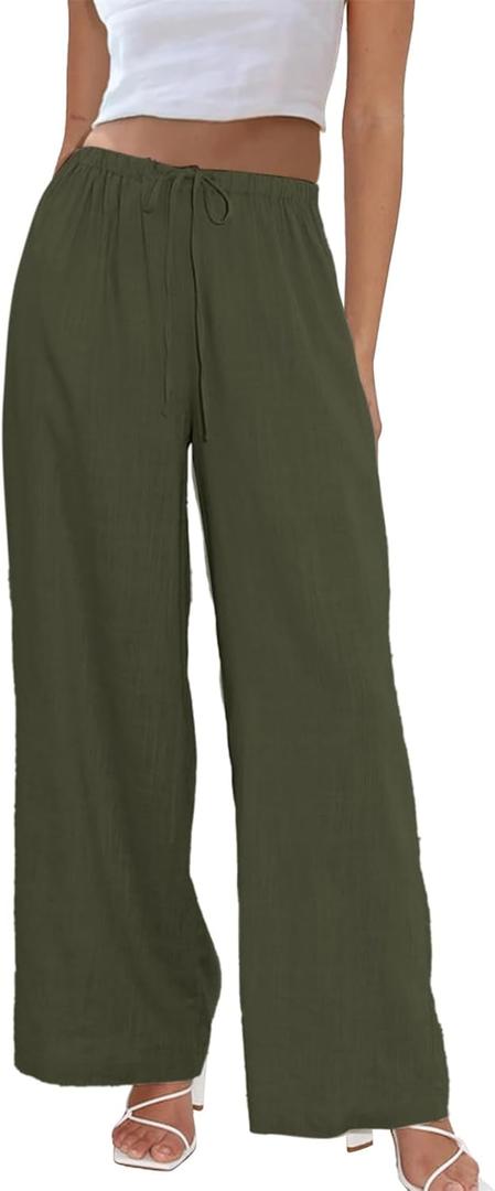 Duyang Womens Cotton Linen Palazzo Pants Drawstring Elastic Waist Casual Wide Leg Trousers with Pockets (Green), Large