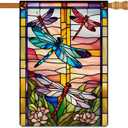 Spring Summer Dragonfly Garden Flag Stained Glass Style Flowers Garden Flag Vertical Double Sided Rustic Farmland Burlap Yard Lawn Outdoor Decor 28x40"