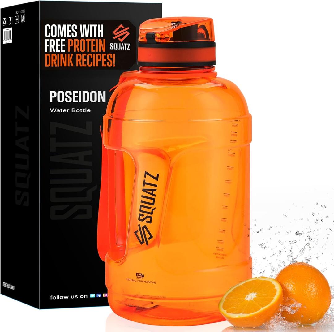 SQUATZ 78 Oz Poseidon Series Sports Water Bottle - Premium Quality Big Volume Wide Mouth protein Shake Gym Flask, Fixed Buckle Carrying Strap, Leak Resistance, Zero Condensation Sleeve (Orange)