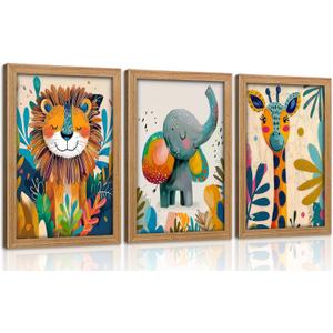Framed 3Pcs Safari Animal Nursery Canvas Wall Art Cute Watercolor Elephant Giraffe Lion Pictures Wall Decor Colorful Jungle Animals Posters Painting Prints for Kids Room Baby Boys and Girls Room, 24L''x16W''