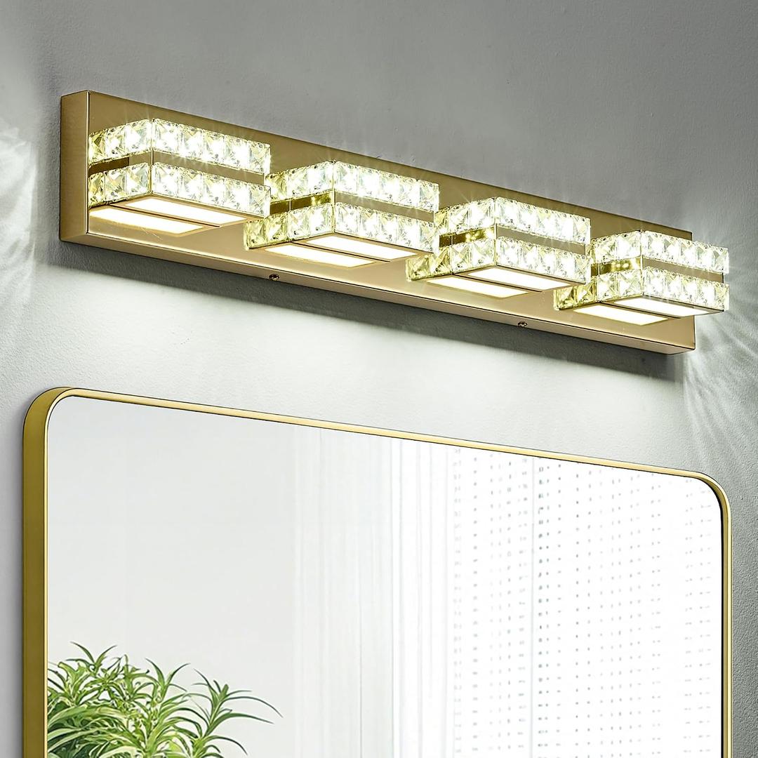Crystal Vanity Lights LED Bathroom Vanity Light Fixture Over Mirror Modern Indoor Gold Lamp, 6000K Cold White Dimmable, 4-Lights, 24W, ETL Listed