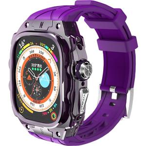 Luxury Translucent Smartwatch Case for Apple Watch Ultra 1/2 49mm, Fully Wrapped Lightweight Rugged case with Band, Silicon Strap, Stainless Steel Buttons, Protective Cover for Men/Women (Purple)