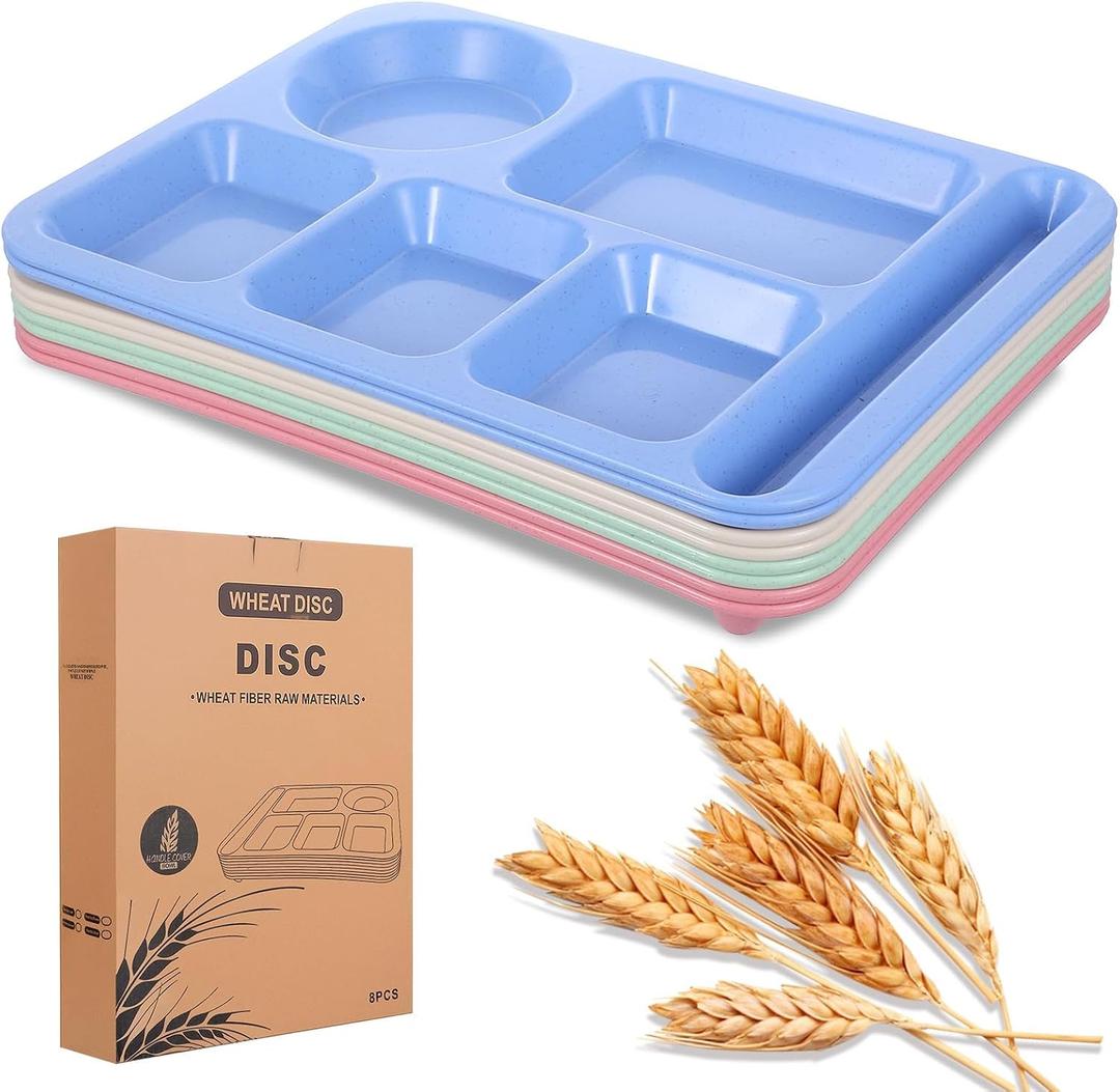 Caeuiciw 8 Pcs Divided Food Plates, 14" Wheat Straw Tray, 5-Compartment Unbreakable Fast Food Tray, Microwave Dishwasher Safe, BPA Free, Lightweight, Multicolor