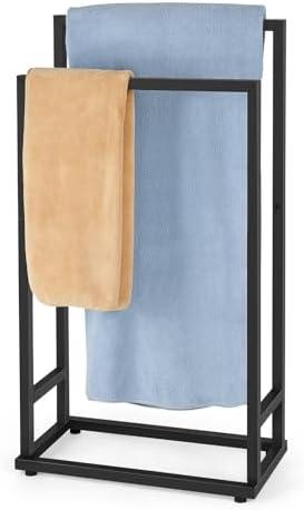 Freestanding Towel Racks 2 Tier Small Towel Holder Stand for Bathroom Matte Black Stainless Steel Industrial Towel Drying Rack for Hand Towels Blanket
