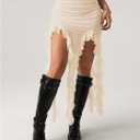 Verdusa Women's Lace Asymmetrical Skirt High Slit Boho Western Flowy Skirt Concert Rave Outfits (Beige, S)