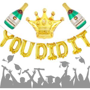 You Did It Gold Letter Balloons, Big 16 Inch Foil Balloons with Crown&Beer Bottles for Mother's Day, Father's Day, Retirement, Farewell, Birthday, College Congrats Grad Graduation Party Decor
