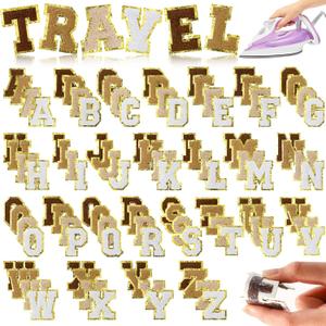 105 Pcs Chenille Letter Patches Self Adhesive Iron on Colorful Chenille Embroidered Patches with Gold Glitter Jean Stickers for Clothing Hat Backpack Bag Jacket(Brown Gradient Series)