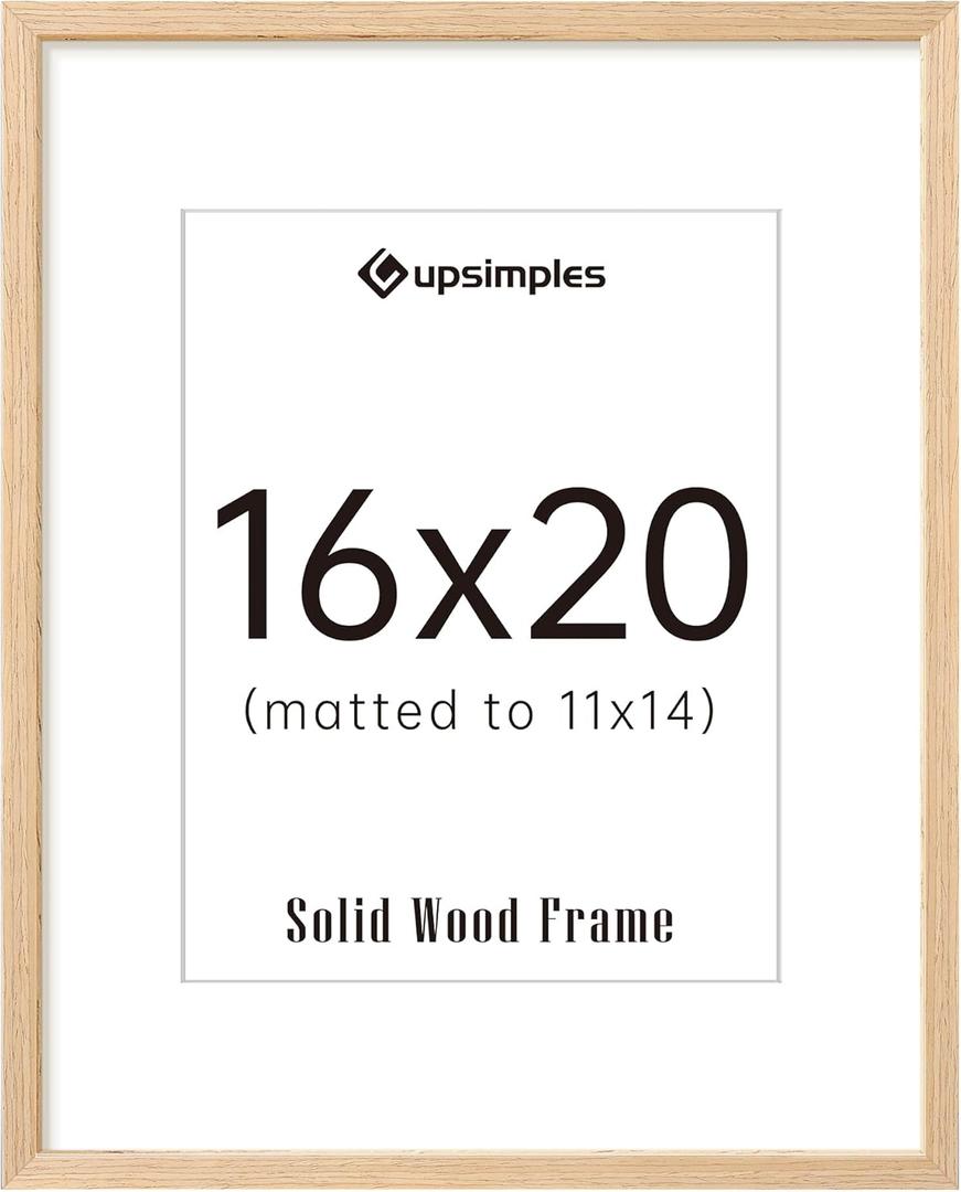 upsimples 16x20 Frames, Natural Solid Wooden Picture Frames, Display 11x14 with Mat or 16 x 20 Without, Vertical or Horizontal Wall Hanging, 1 Pack, Natural