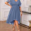 Talisea Plus Size Dresses Wedding Guest - Formal Cocktail Chiffon V Neck Short Sleeve High Low Dress Curvy Women (Blue) L-16W