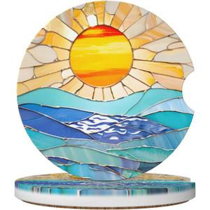 Beach Sunset Stained Glass Ocean Car Cup Holder Coasters 2 Pack Universal 2.63 Inch Anti Slip Ceramic Absorbent Coaster with Cork Base and Finger Notch Cute Car Accessories Interior for Women