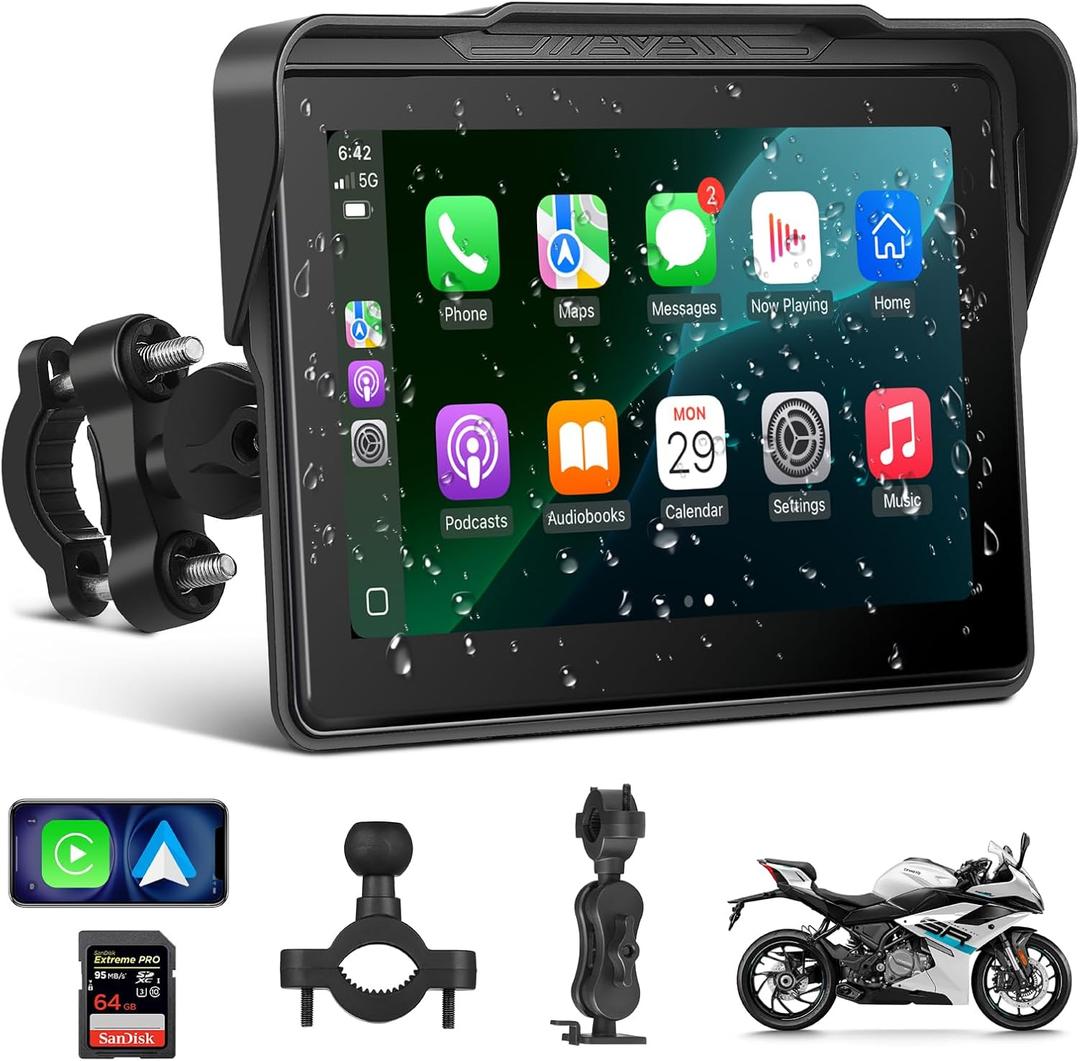Motorcycle CarPlay Screen 7", Waterproof GPS Display for Motorbike, Wireless CarPlay & Android Auto para Moto, Dual Bluetooth, Touchscreen, Music Sharing Siri (7" Wireless CarPlay) (Dual Mount)