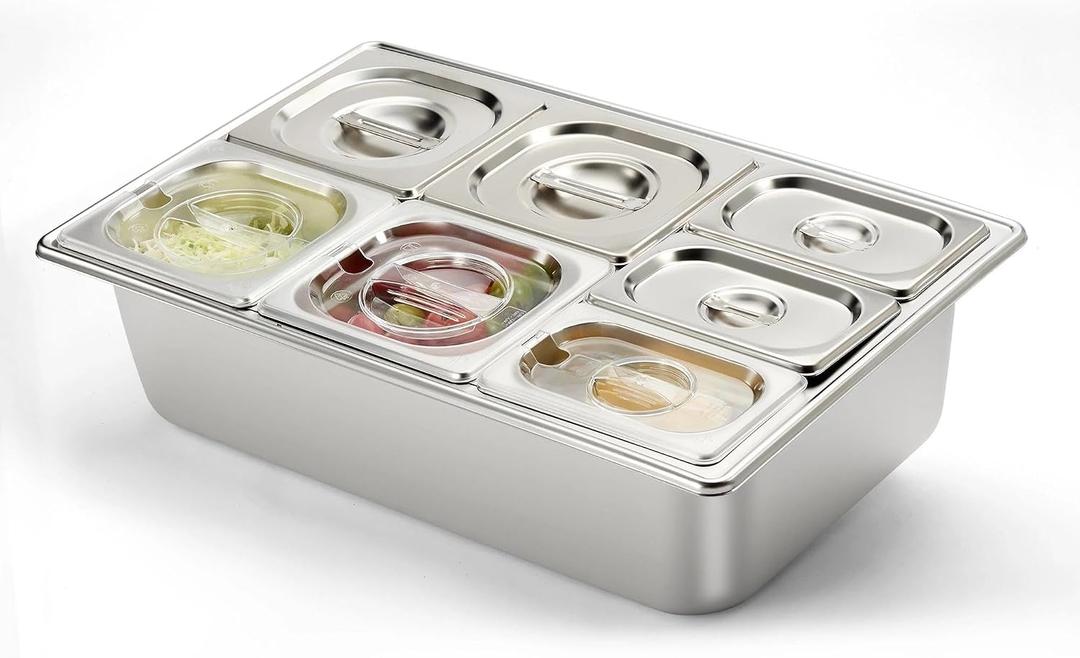 HECMAC Ice Chilled Condiment Serving Container (7 Pan), 2 Types of Lids, Drain Tray, 23 Gauge Anti-Jam Food Pan Commercial Heavy Duty Spice Rack Set, for Kitchen Buffet Catering, 22.5 x 7.9 x 14.5 inches