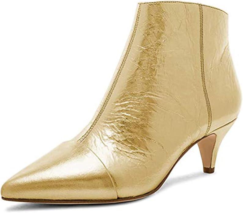 XYD Women Chic Low Kitten Heel Ankle Boots Pointed Closed Toe Side Zipper Prom Glitter Party Fashion Short Bootie Shoes, Size 8