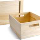 Spiareal Wooden Storage Box 15 x 12 x 7 Inches Pine Wood Decorative Crate Box with Hand Holes and Lid Plain Unpainted Wooden Storage Bins for Home Decor Wine Tool Kitchen Arts Crafts