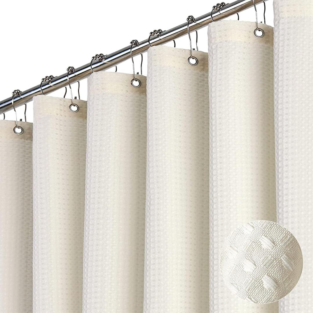 Dynamene Extra Wide Shower Curtain-108 Inch Wide Waffle Weave Weighted Thick Cloth Bathroom Shower Curtain, Neutral Heavy Duty Hotel Bath Curtain Set with 18 Plastic Hooks,108x72, Cream/Ivory (108"W x 72"L (Pack of 1))